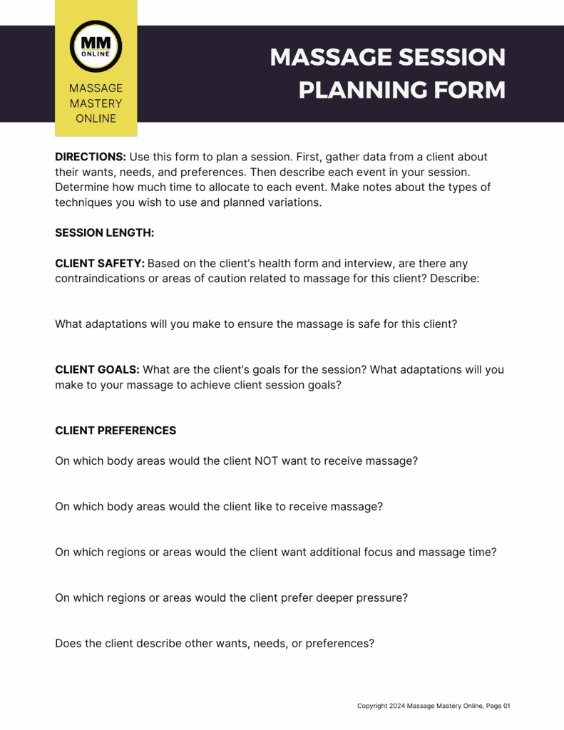 First page of the massage session planning form.