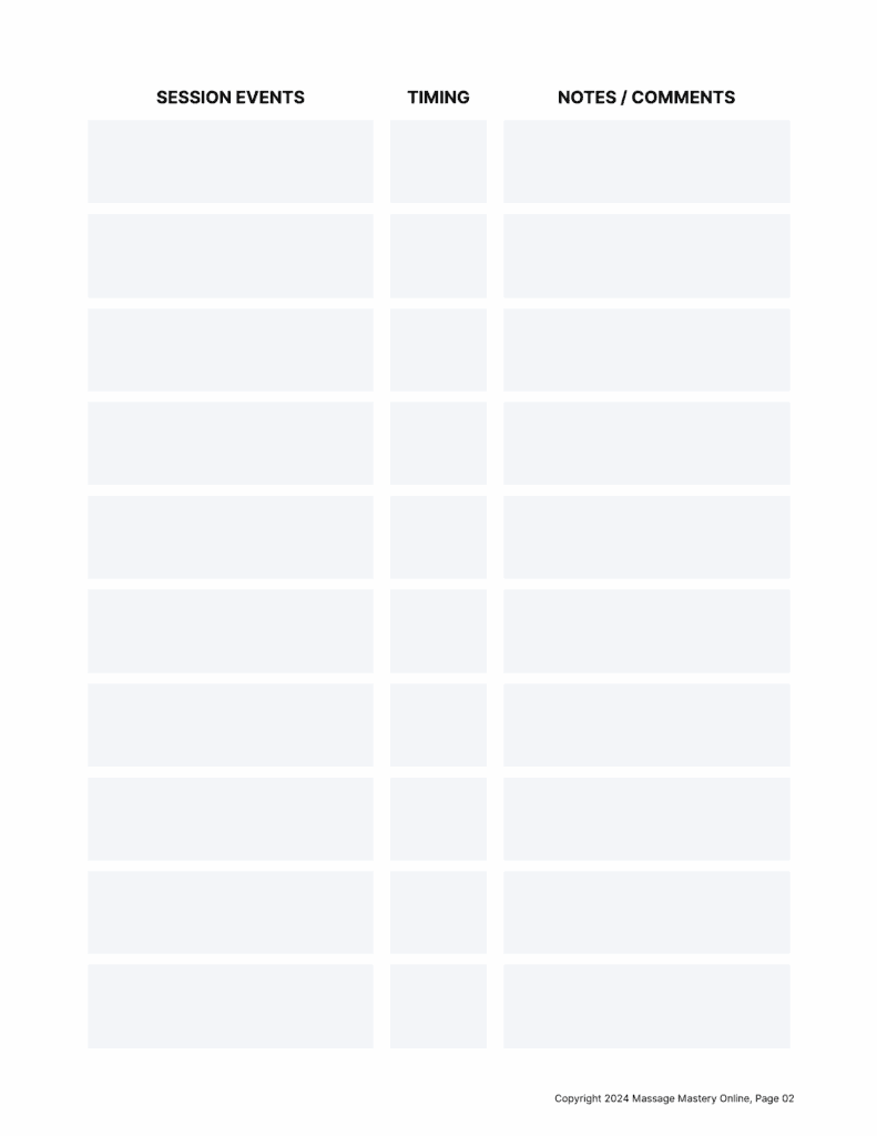 Second page of the massage session planning form.
